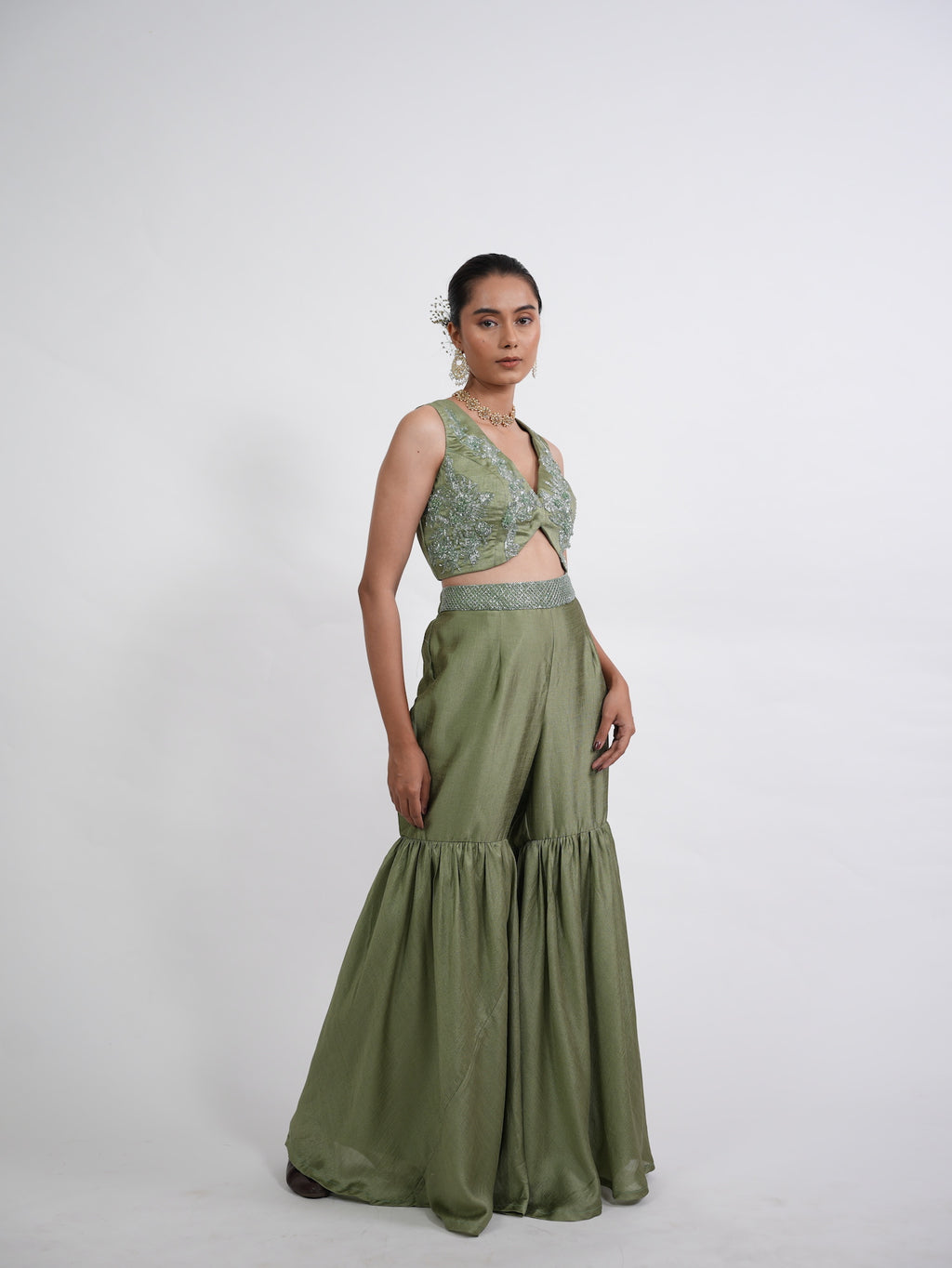 Olive Green Embroidered Sharara Set