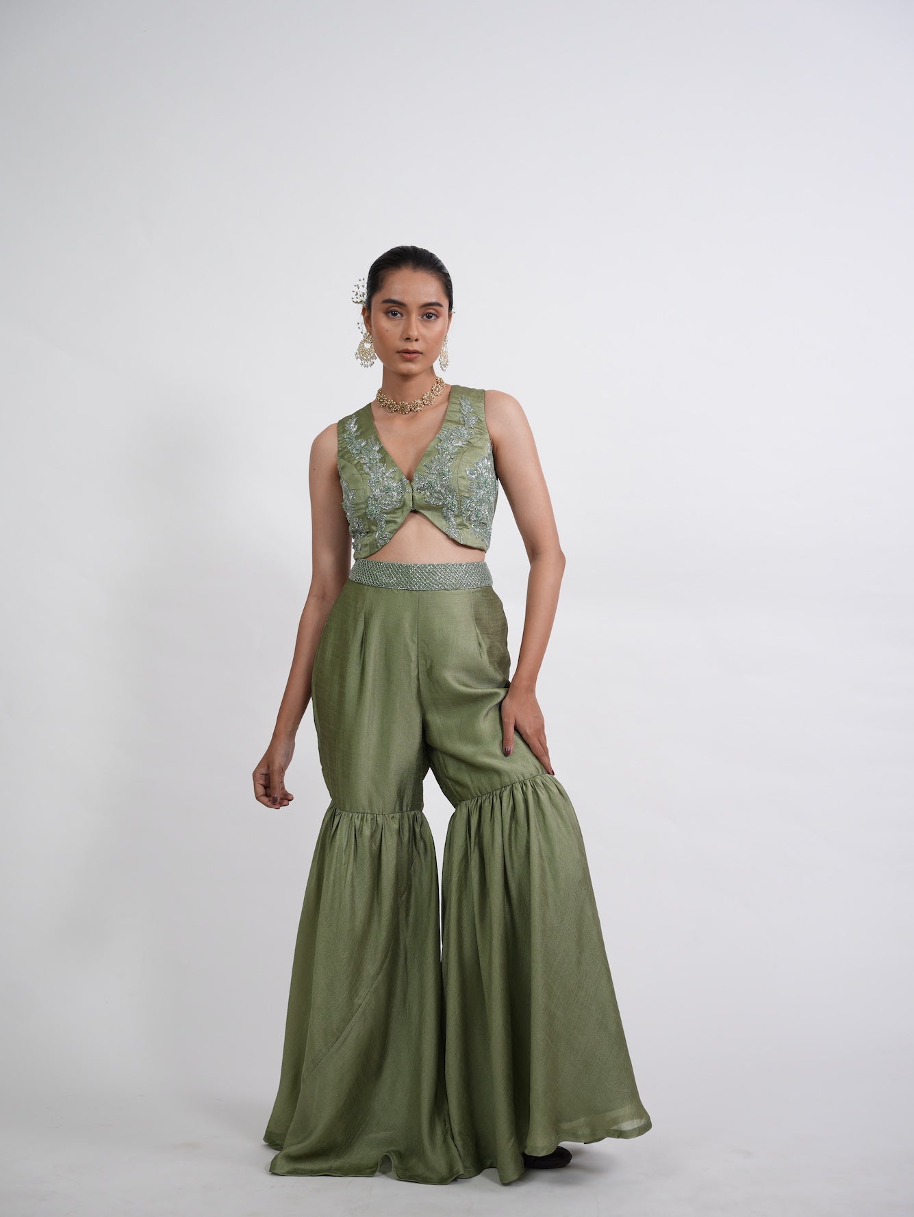 Olive Green Embroidered Sharara Set