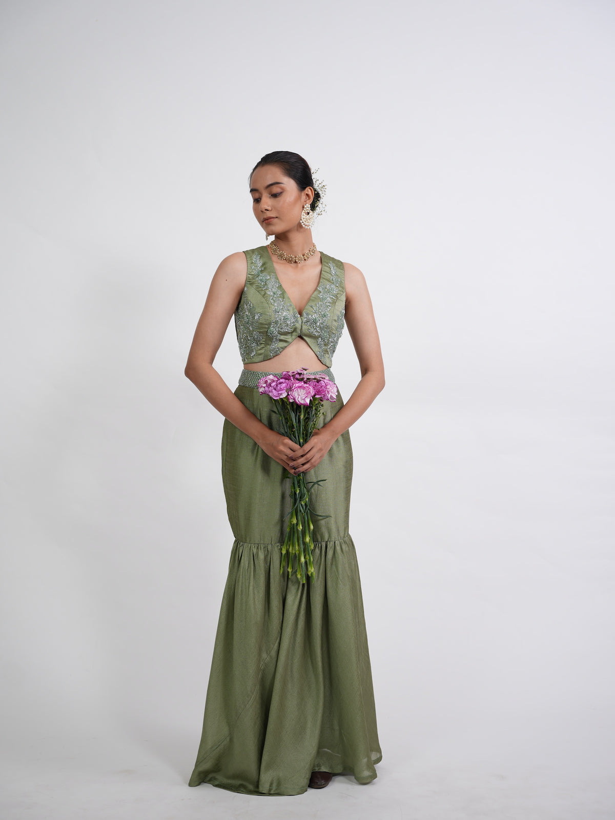 Olive Green Embroidered Sharara Set