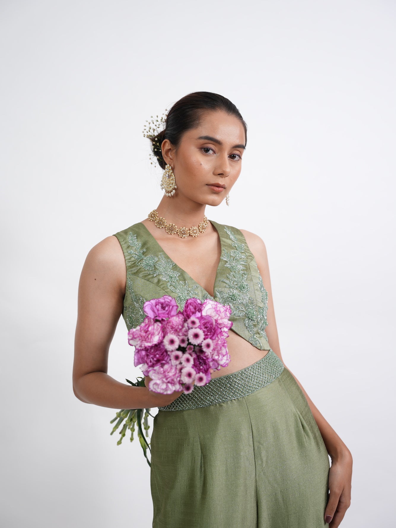 Olive Green Embroidered Sharara Set