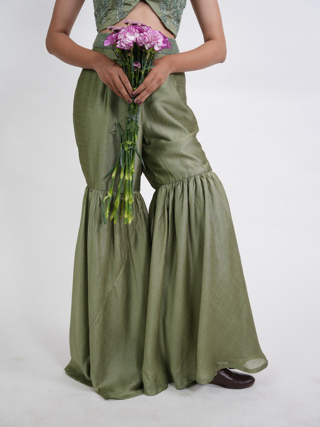 Olive Green Embroidered Sharara Set