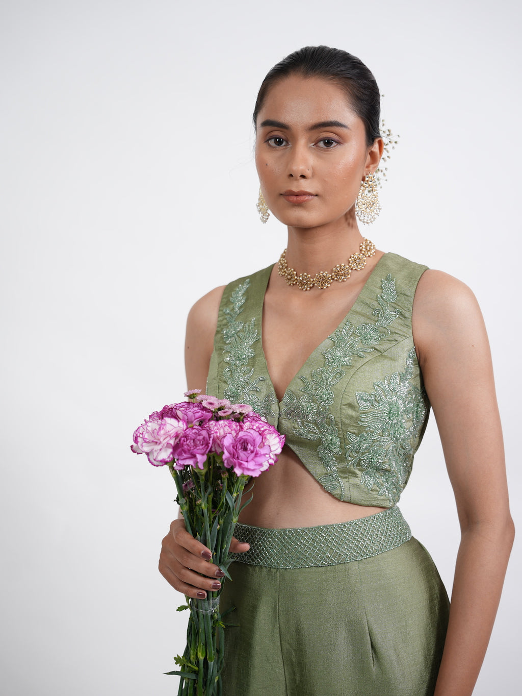 Olive Green Embroidered Sharara Set