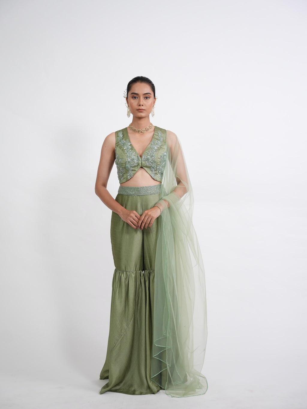 Olive Green Embroidered Sharara Set