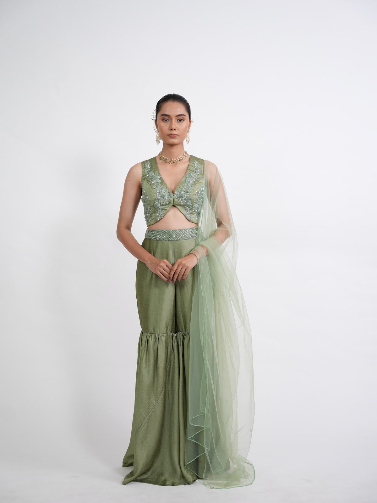Olive Green Embroidered Sharara Set