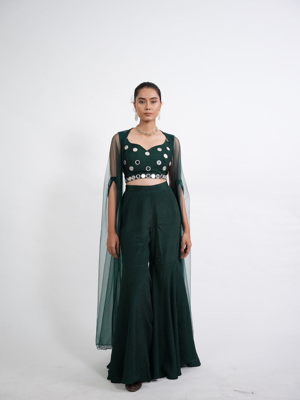 Emerald Green Mirror Work Crop Top Set