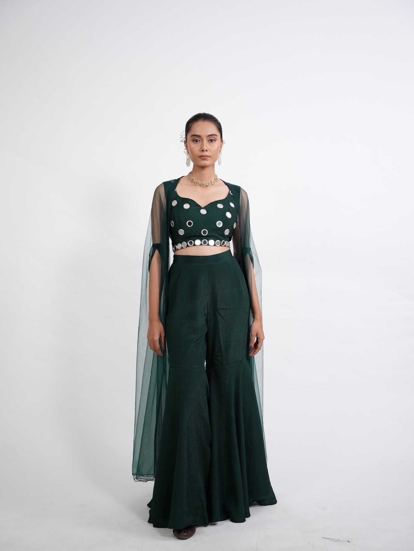 Emerald Green Mirror Work Crop Top Set