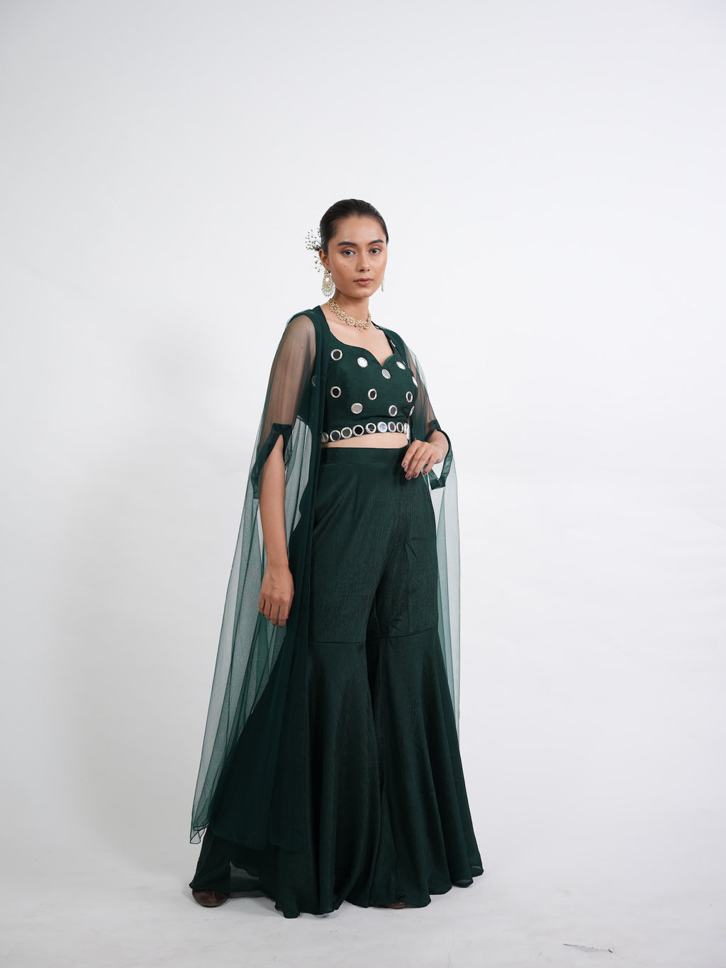 Emerald Green Mirror Work Crop Top Set