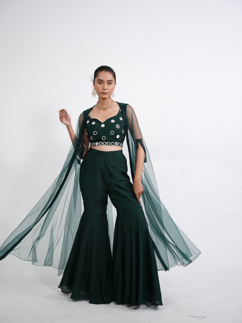 Emerald Green Mirror Work Crop Top Set