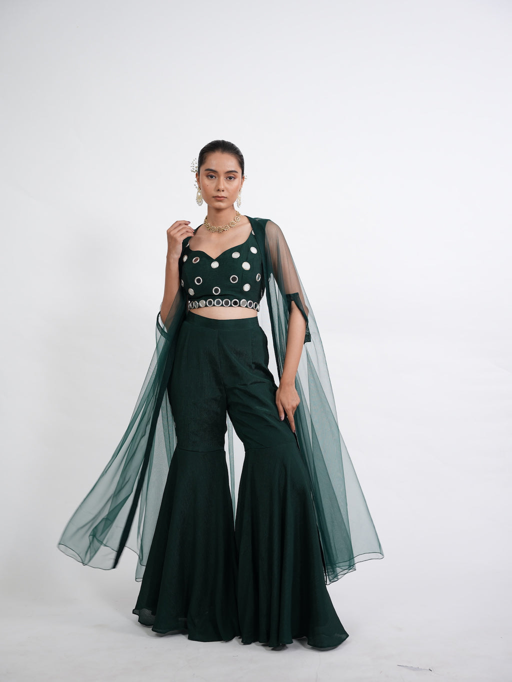 Emerald Green Mirror Work Crop Top Set
