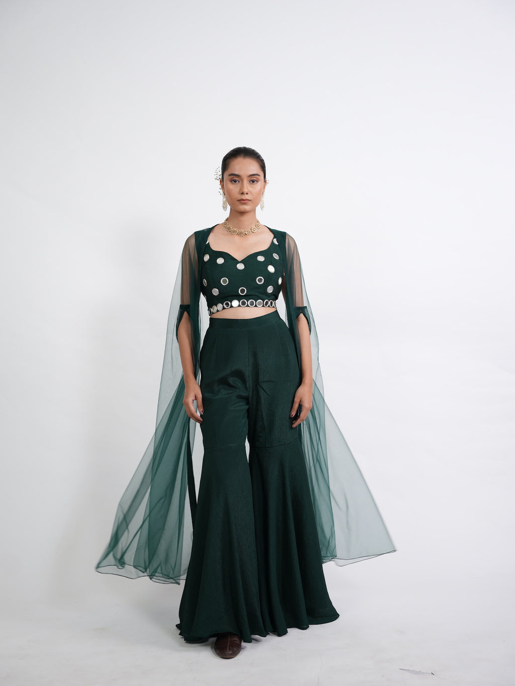 Emerald Green Mirror Work Crop Top Set