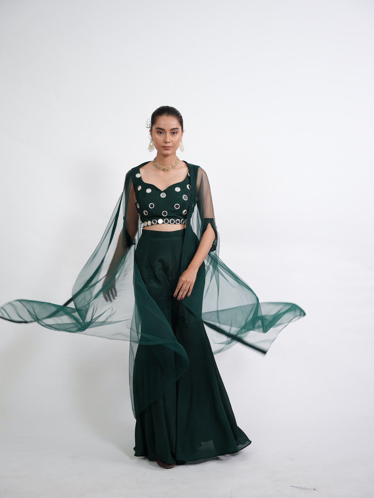 Emerald Green Mirror Work Crop Top Set