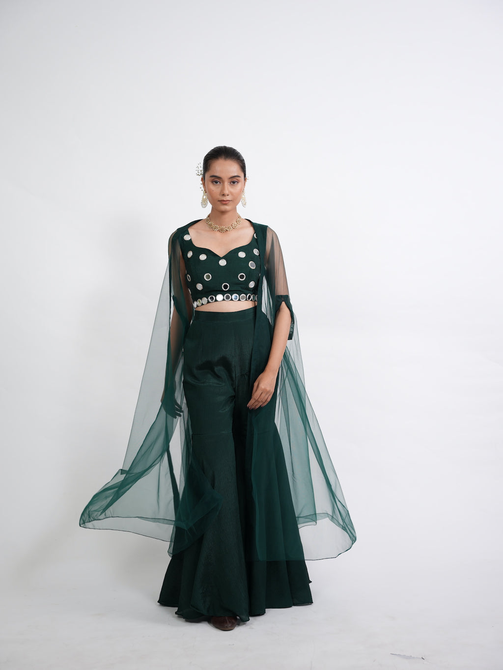 Emerald Green Mirror Work Crop Top Set