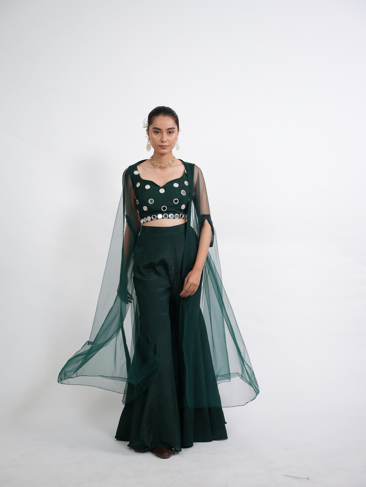 Emerald Green Mirror Work Crop Top Set