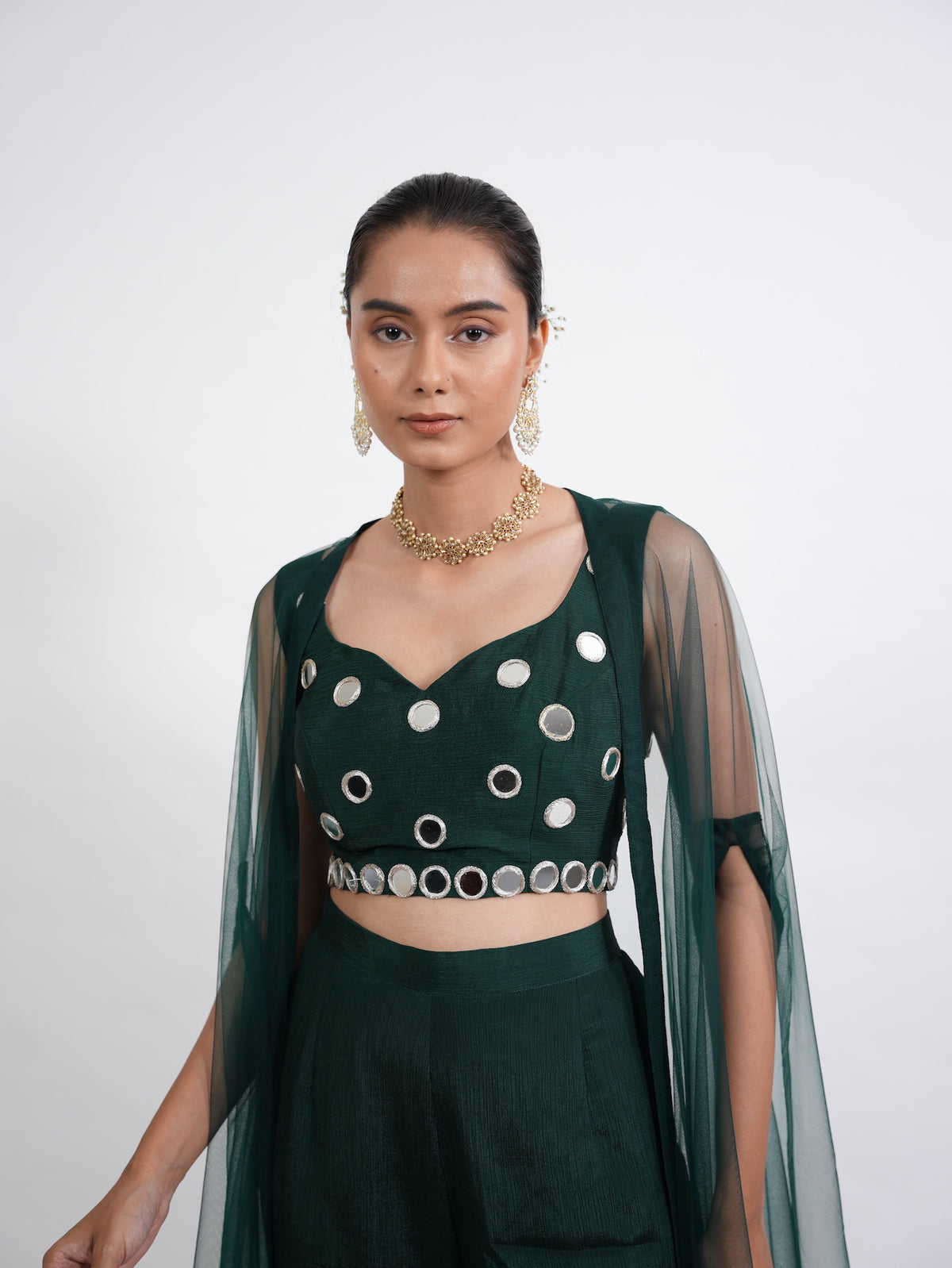 Emerald Green Mirror Work Crop Top Set