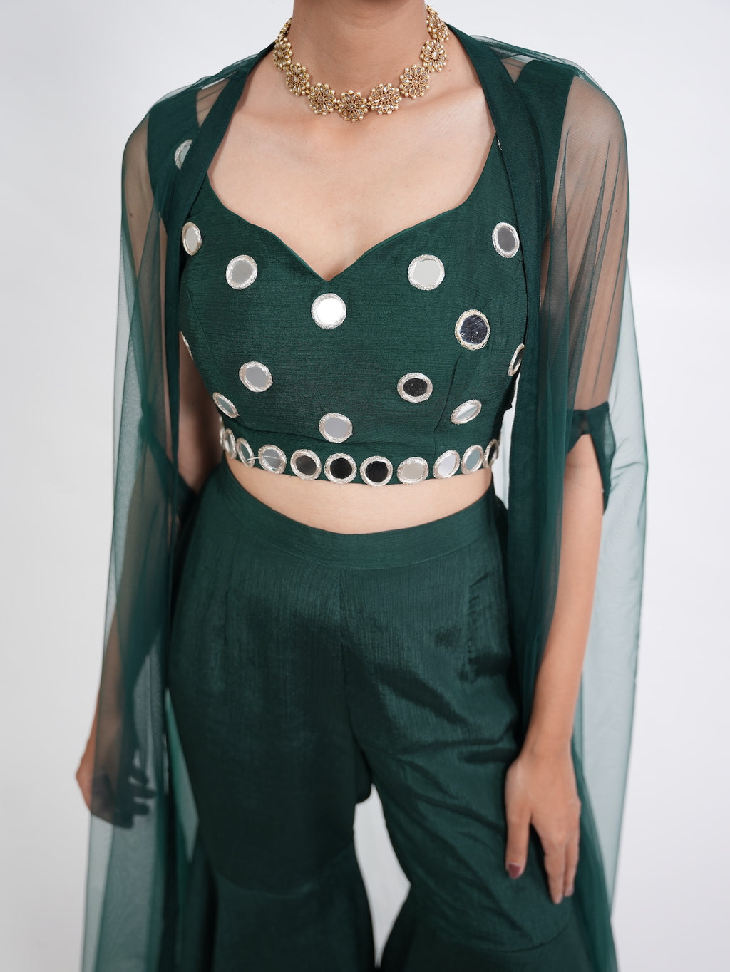 Emerald Green Mirror Work Crop Top Set