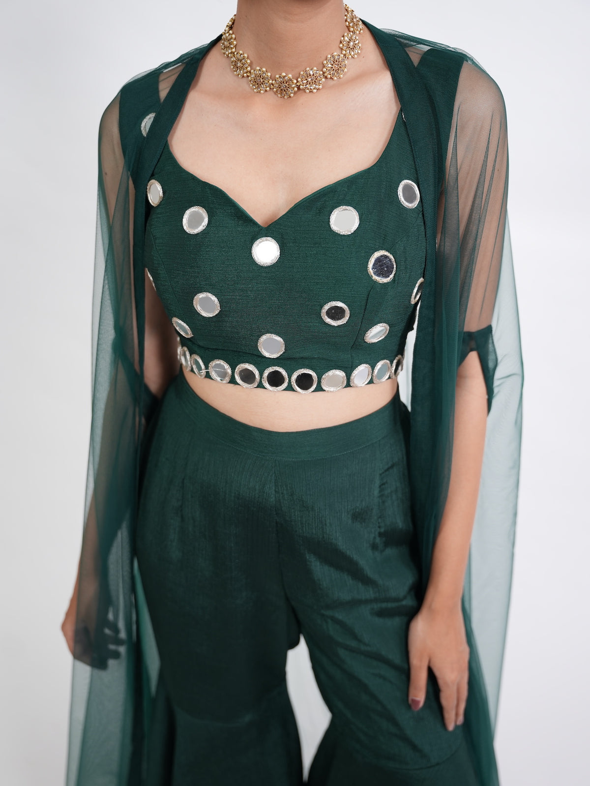 Emerald Green Mirror Work Crop Top Set