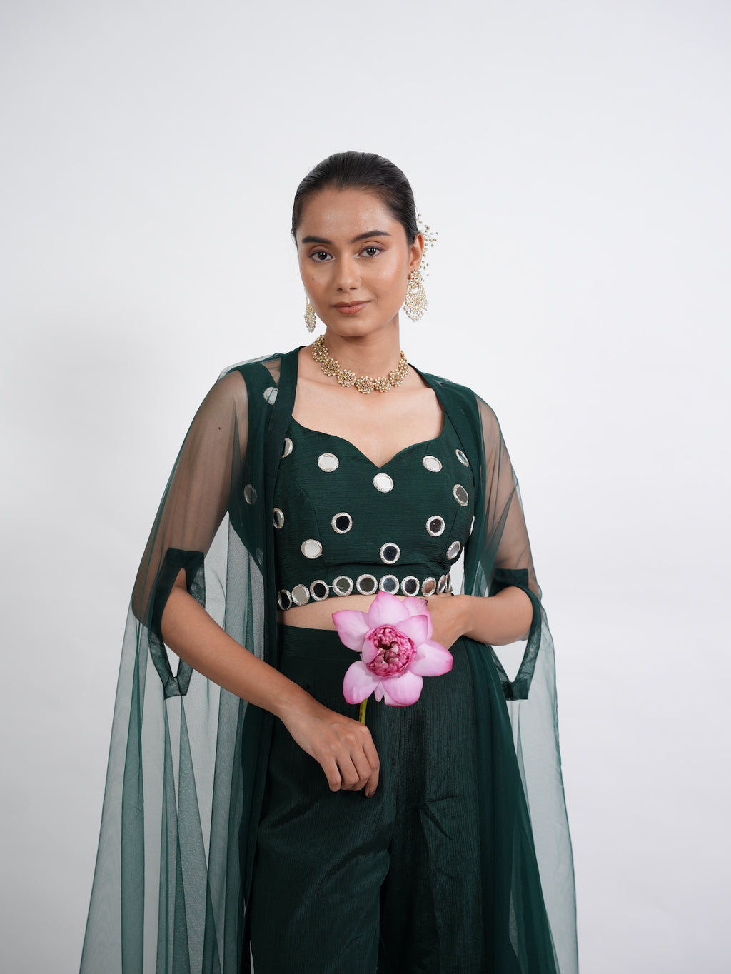 Emerald Green Mirror Work Crop Top Set