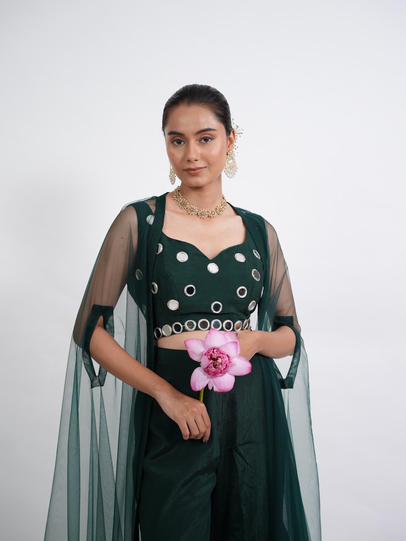 Emerald Green Mirror Work Crop Top Set