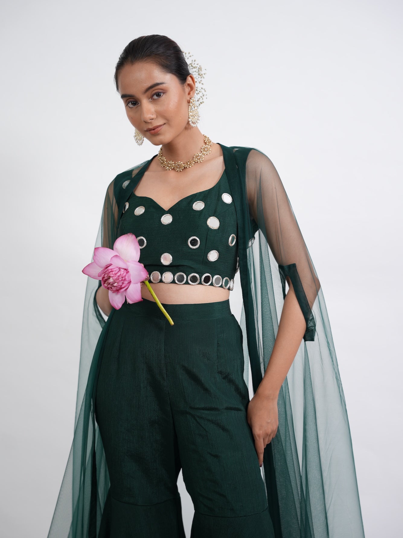 Emerald Green Mirror Work Crop Top Set