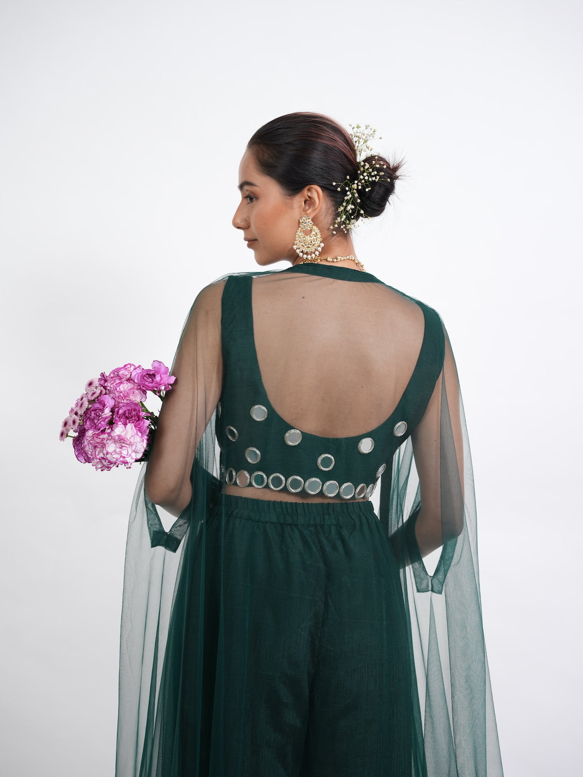 Emerald Green Mirror Work Crop Top Set