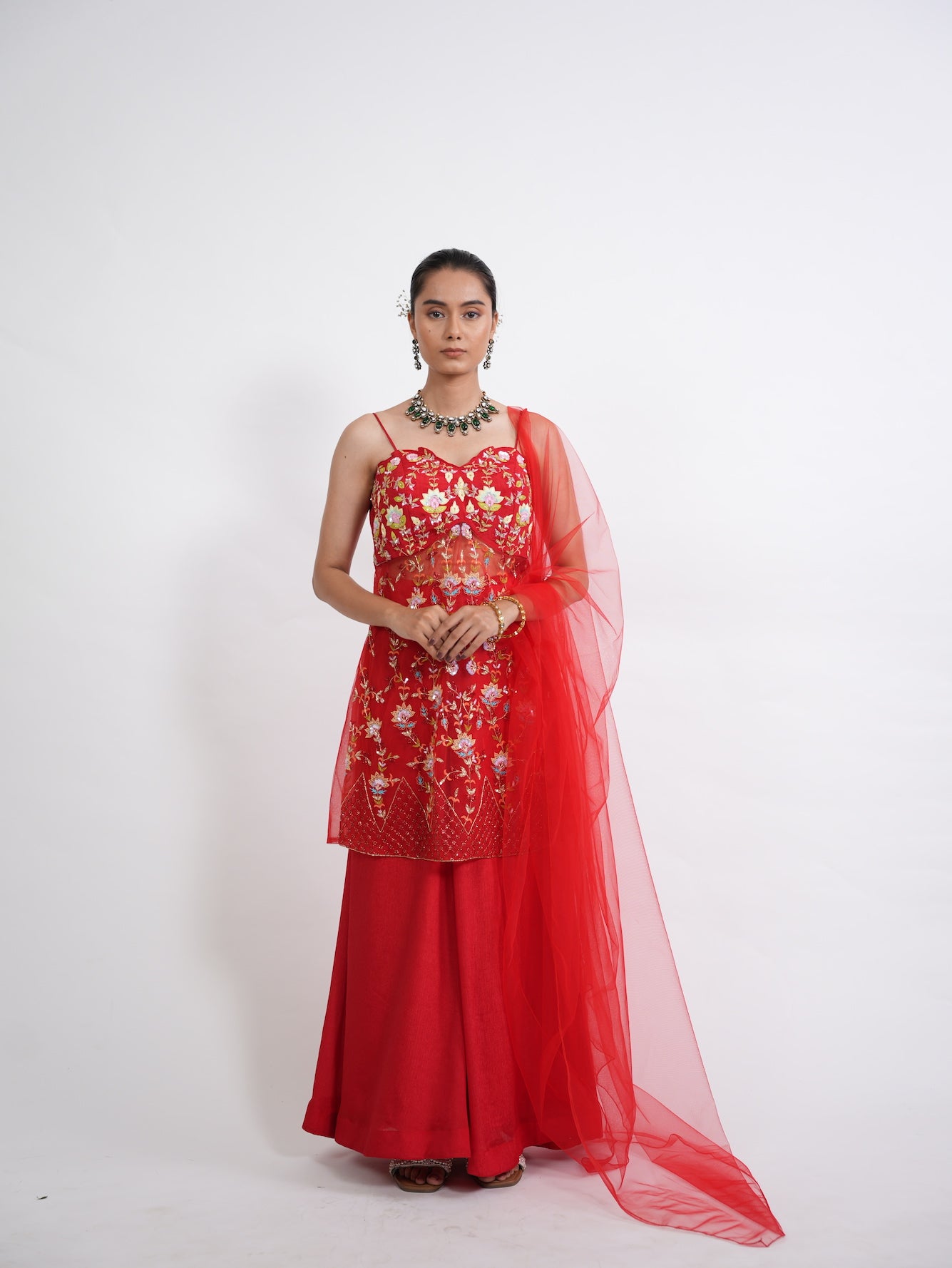 Crimson Red Floral Embroidered Kurta Sharara Set
