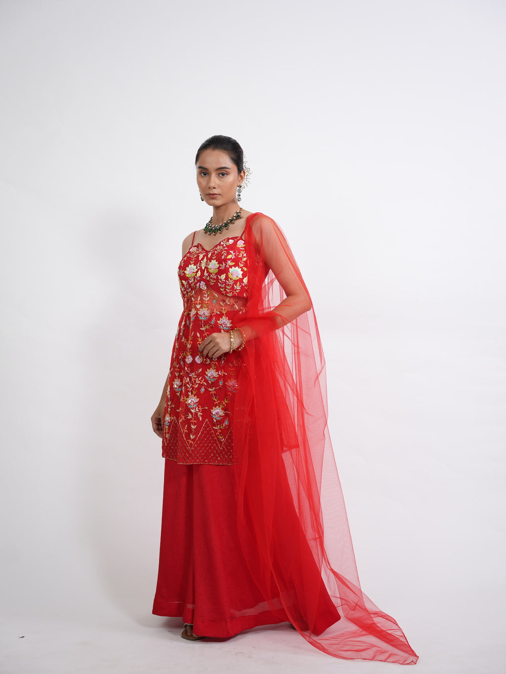 Crimson Red Floral Embroidered Kurta Sharara Set