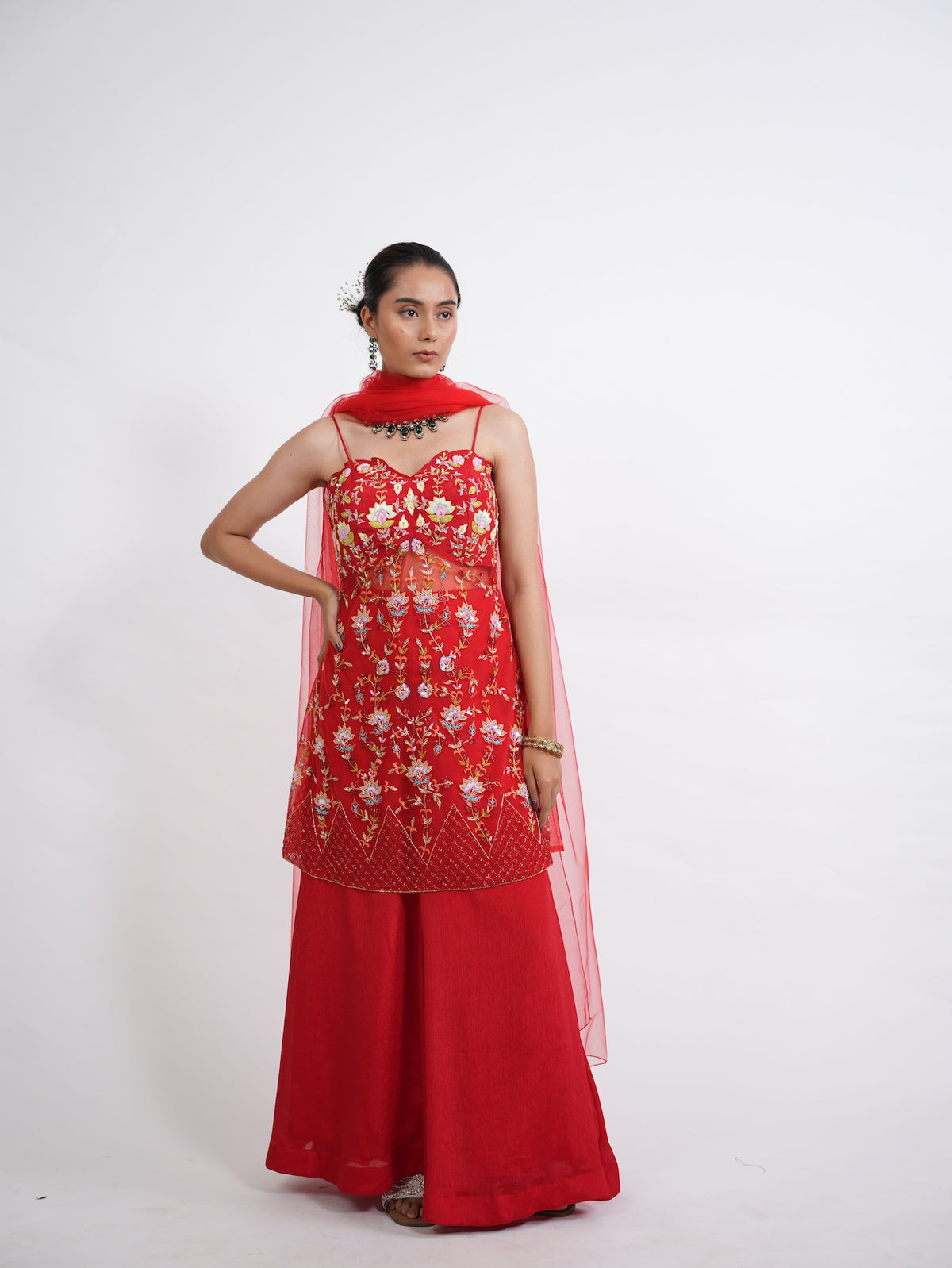 Crimson Red Floral Embroidered Kurta Sharara Set