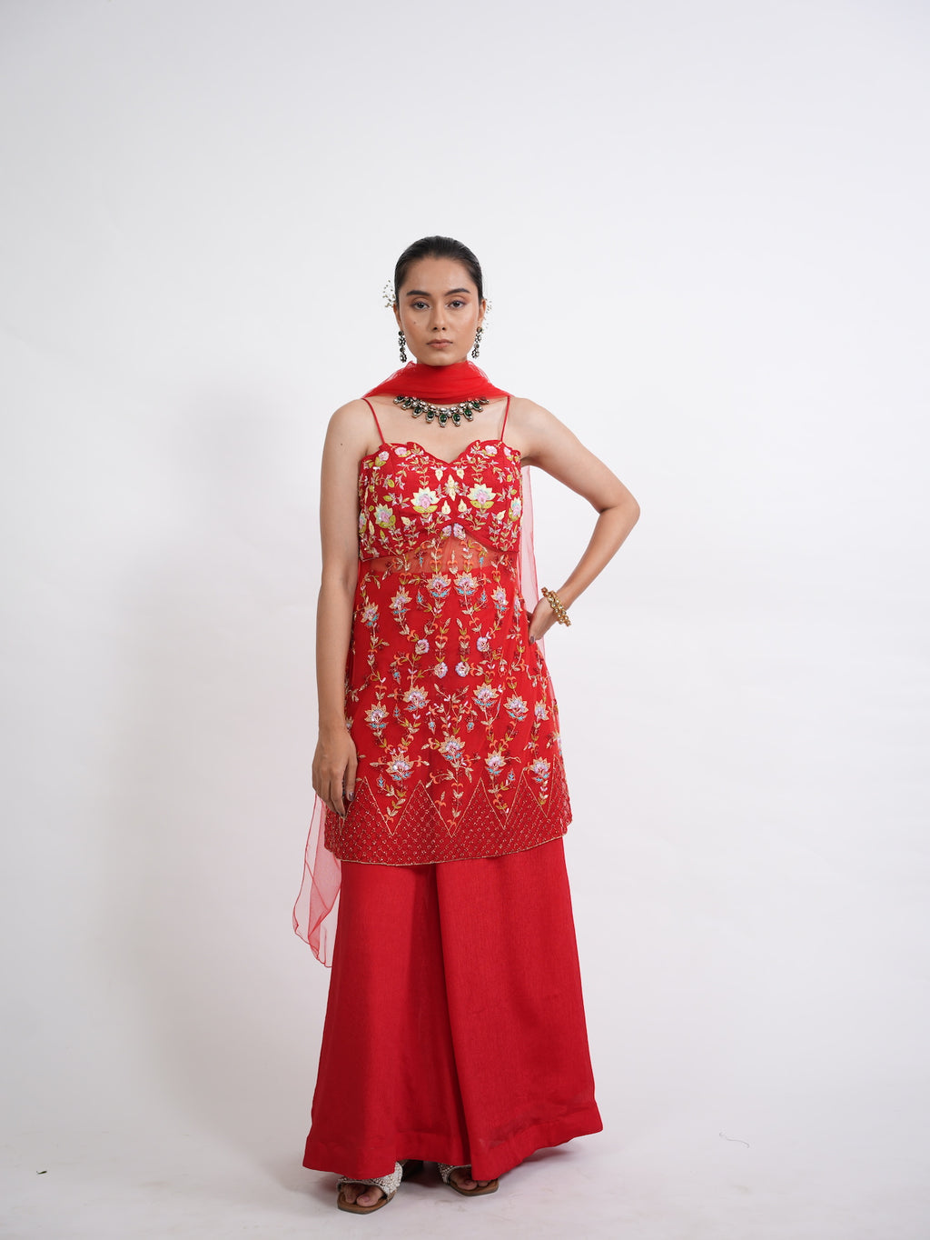 Crimson Red Floral Embroidered Kurta Sharara Set