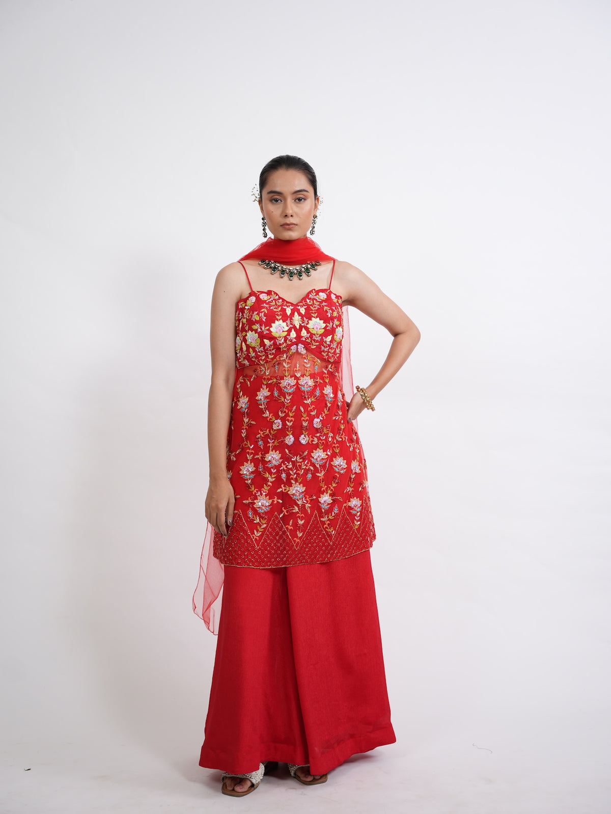 Crimson Red Floral Embroidered Kurta Sharara Set