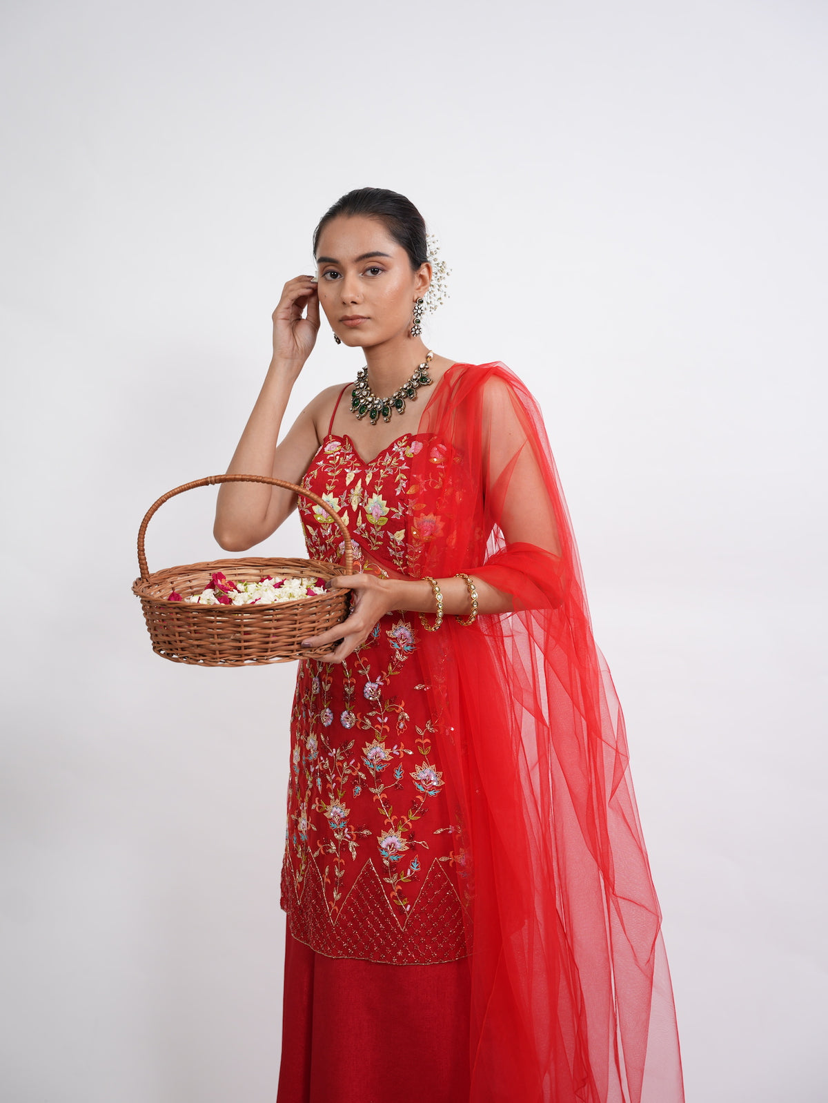 Crimson Red Floral Embroidered Kurta Sharara Set