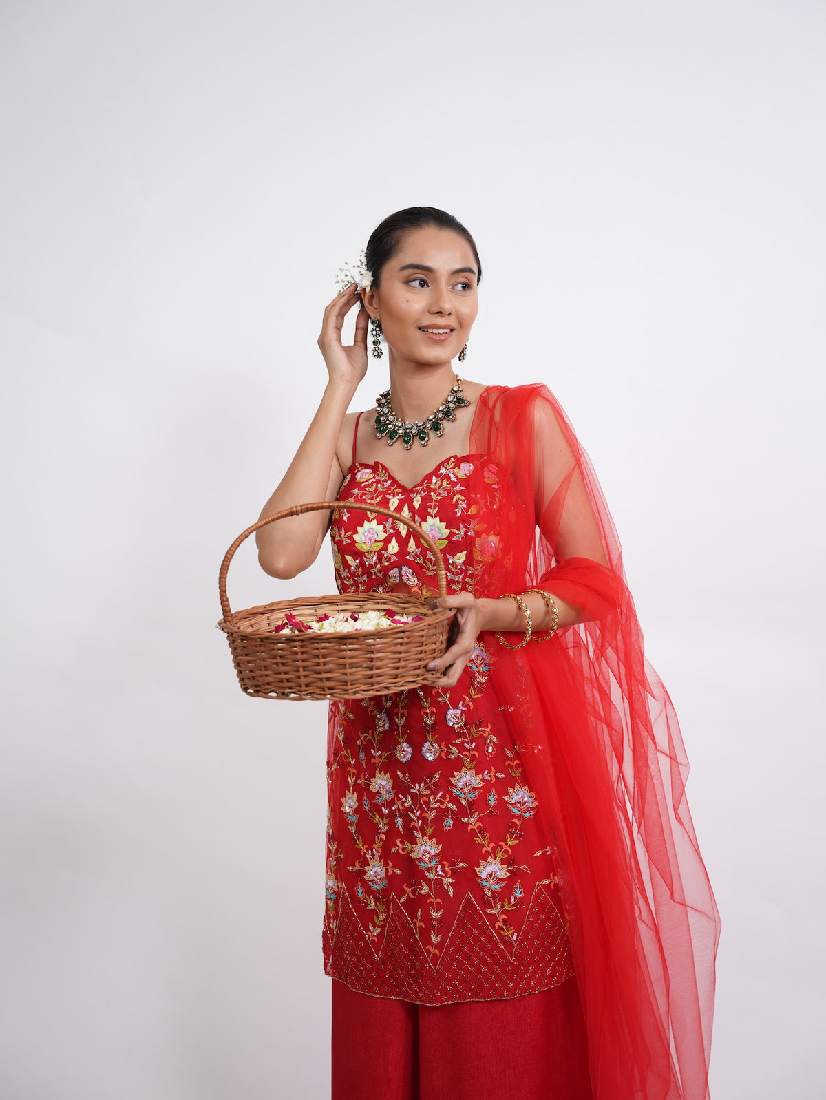 Crimson Red Floral Embroidered Kurta Sharara Set