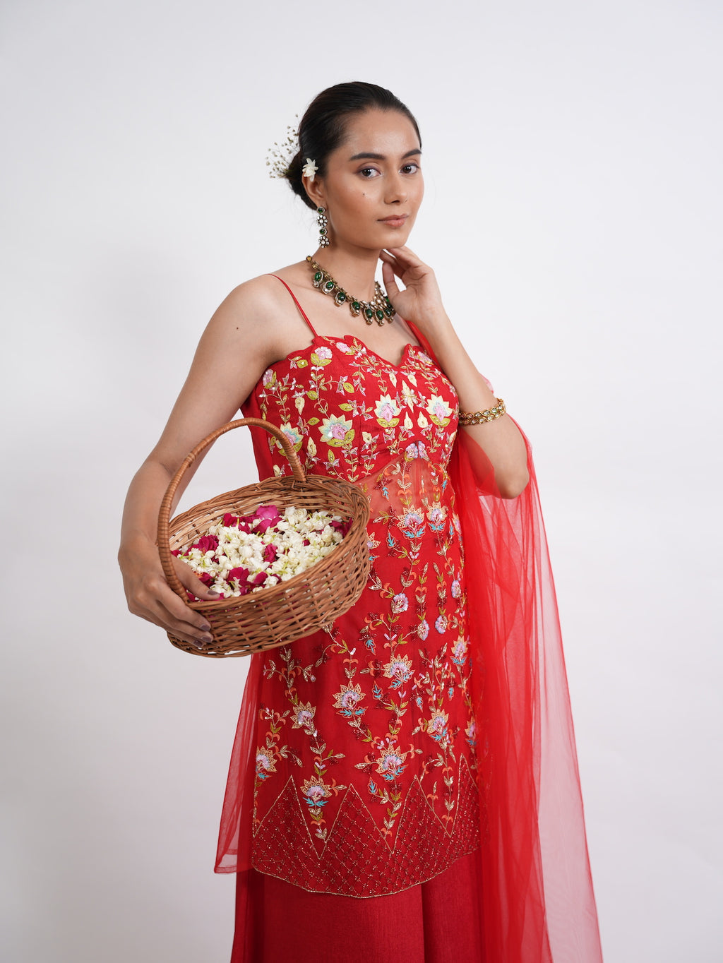 Crimson Red Floral Embroidered Kurta Sharara Set