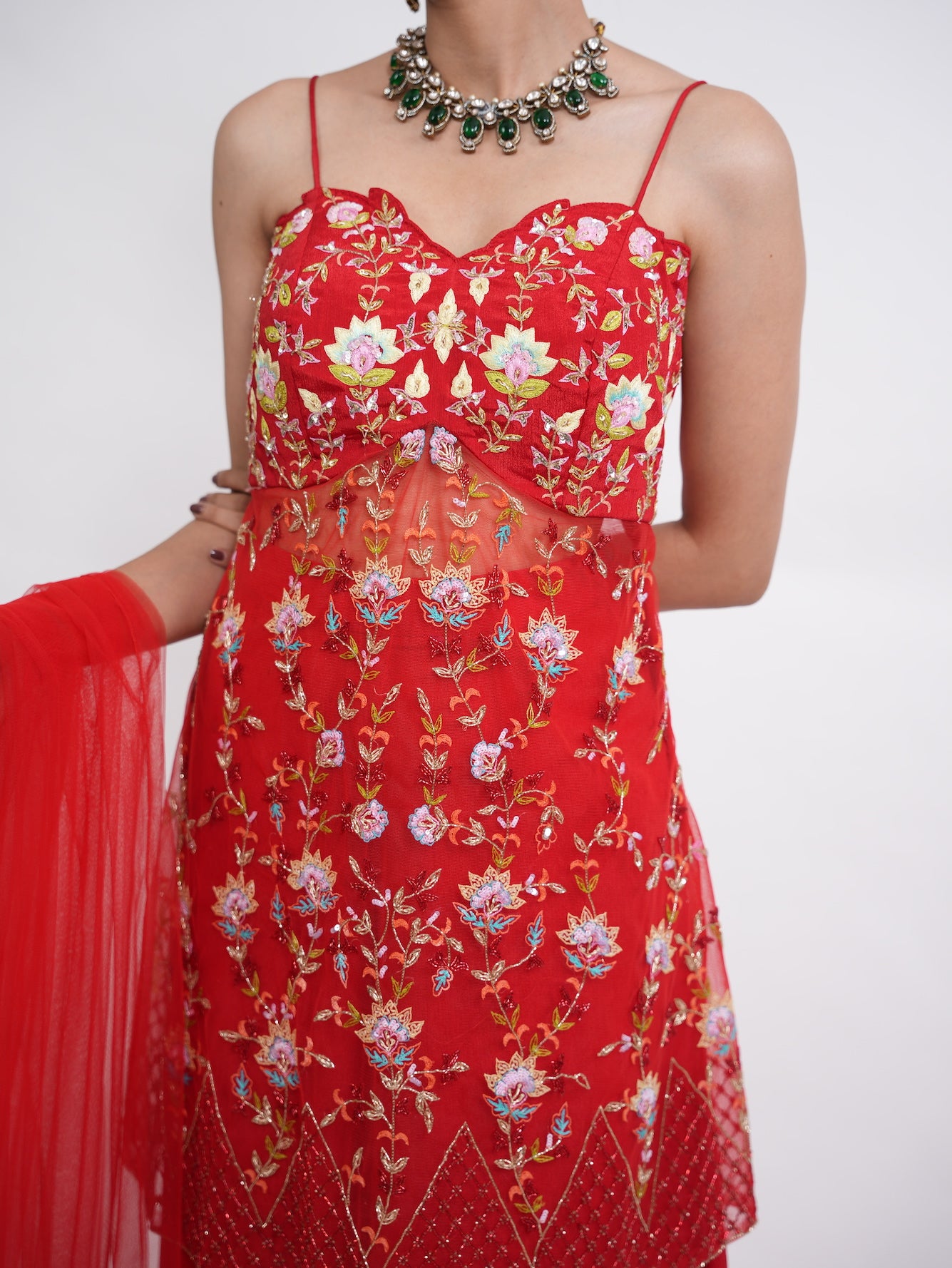Crimson Red Floral Embroidered Kurta Sharara Set
