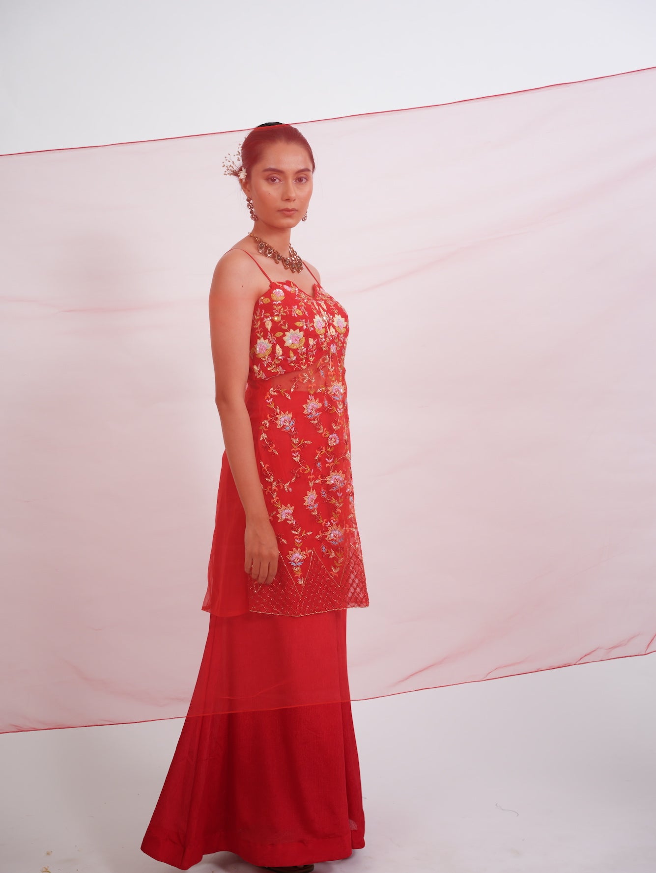 Crimson Red Floral Embroidered Kurta Sharara Set