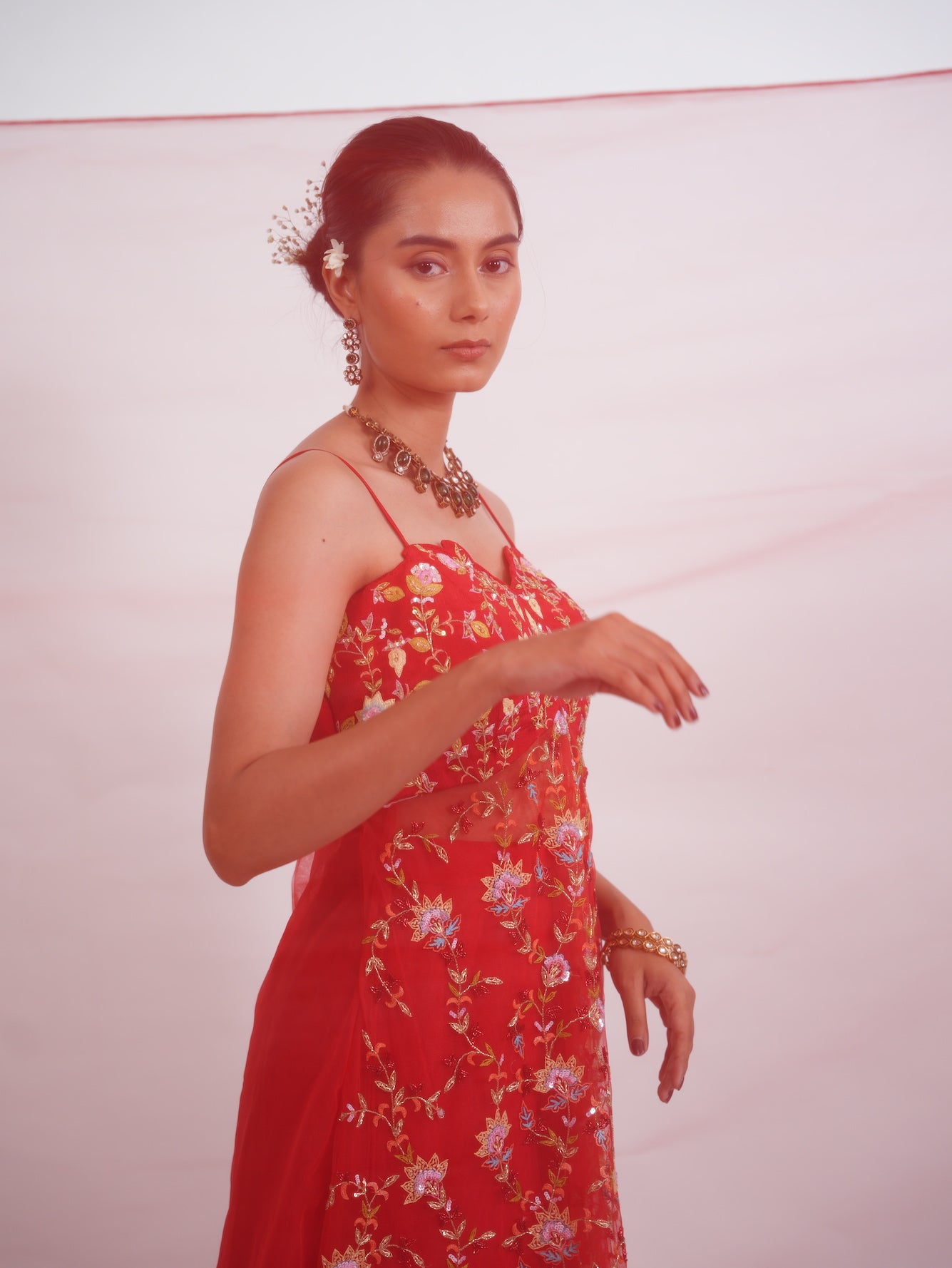 Crimson Red Floral Embroidered Kurta Sharara Set