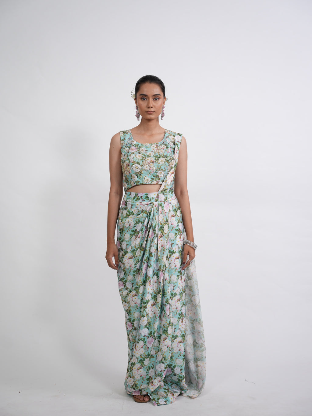 Sea Green Floral Printed Draped Saree Set