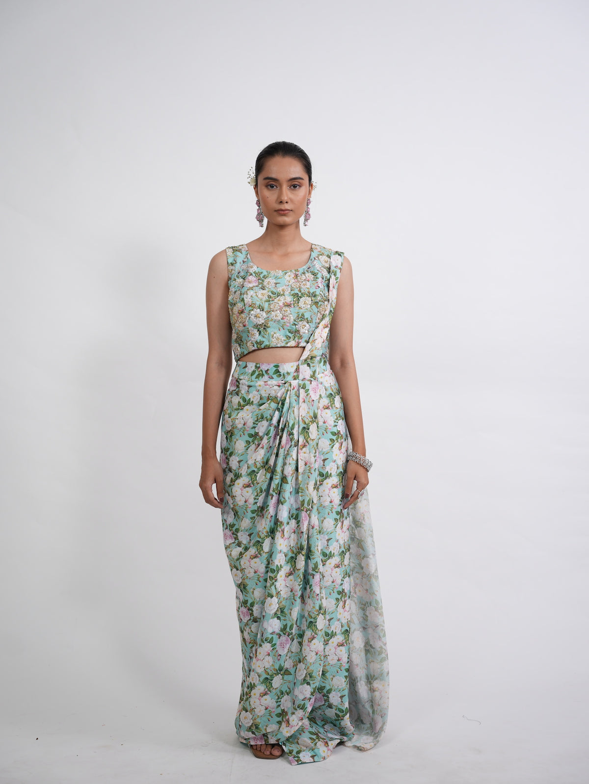 Sea Green Floral Printed Draped Saree Set