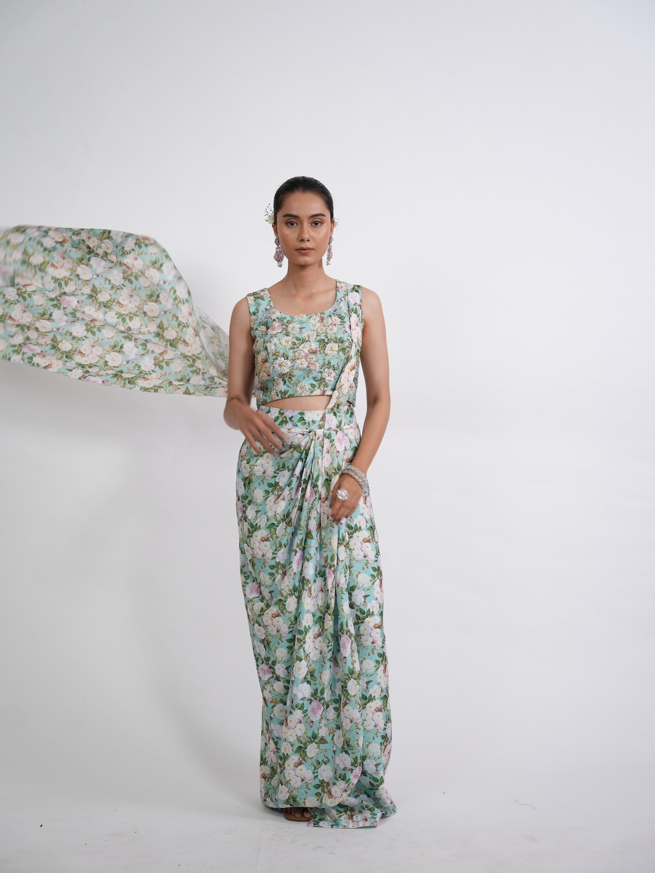 Sea Green Floral Printed Draped Saree Set