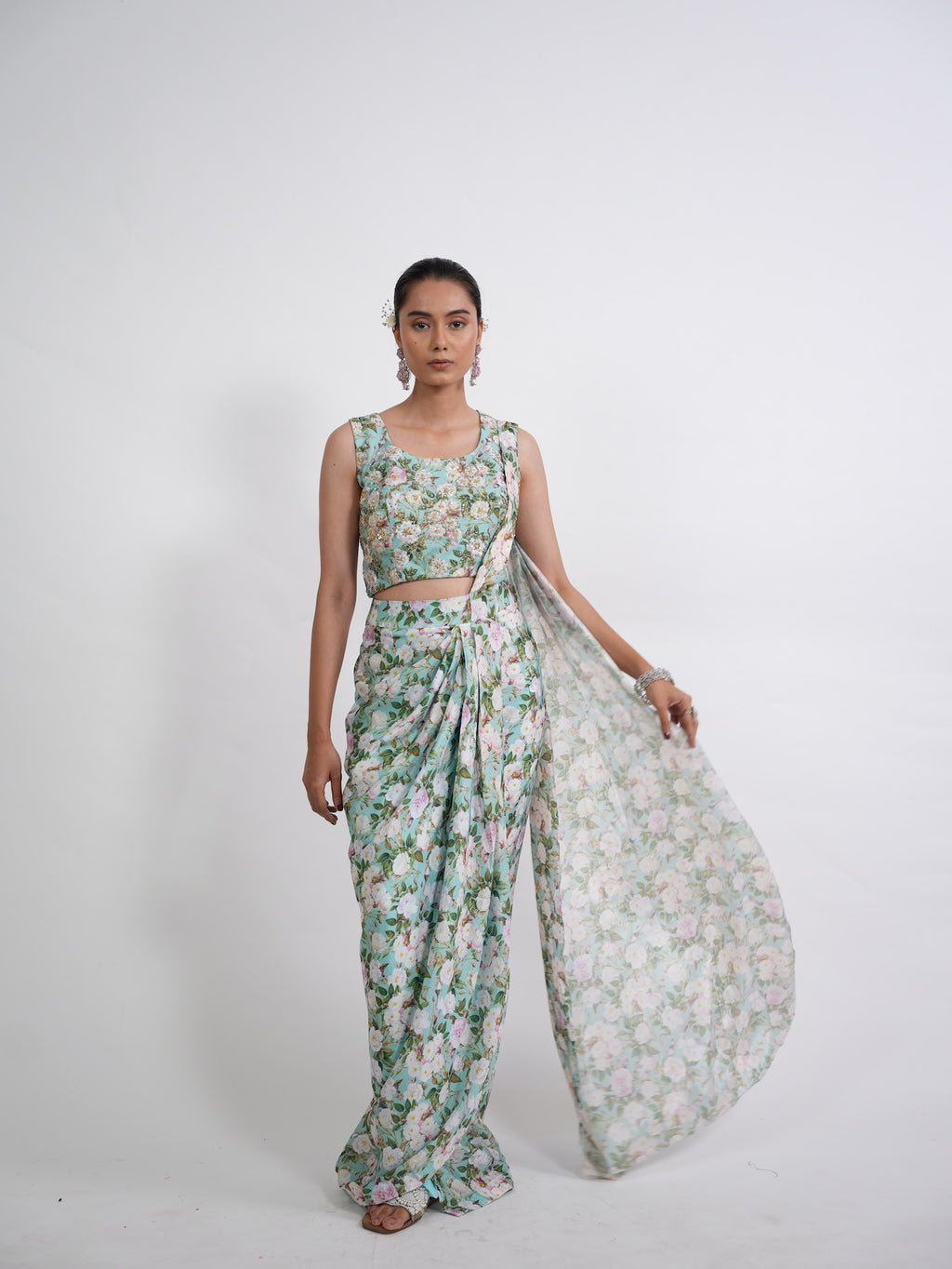 Sea Green Floral Printed Draped Saree Set