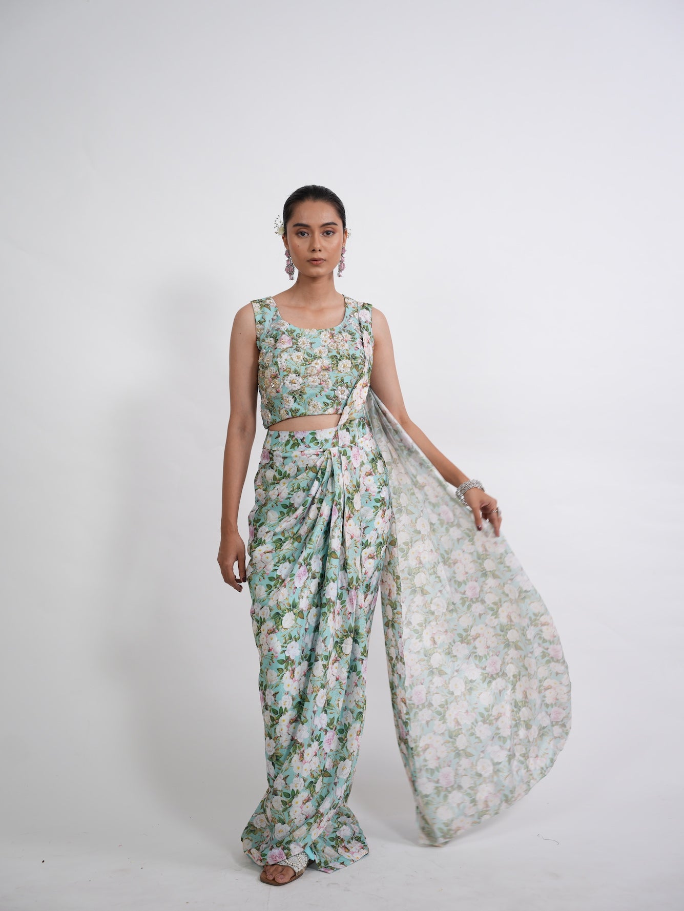 Sea Green Floral Printed Draped Saree Set