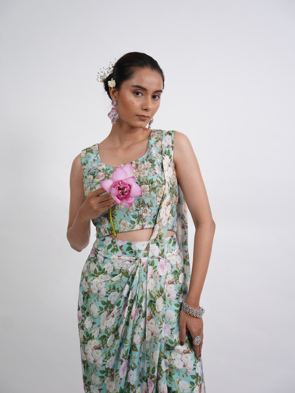 Sea Green Floral Printed Draped Saree Set