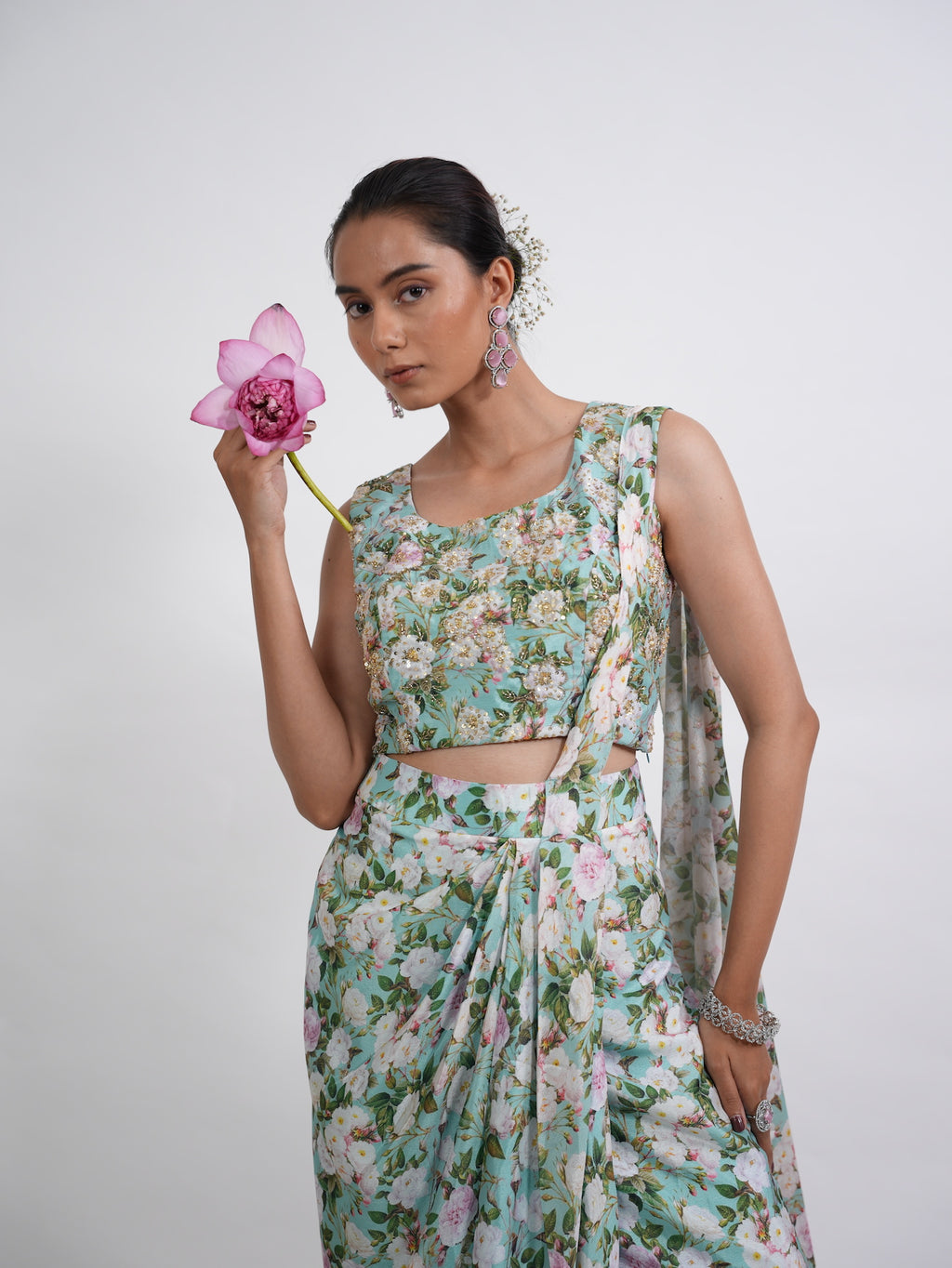 Sea Green Floral Printed Draped Saree Set