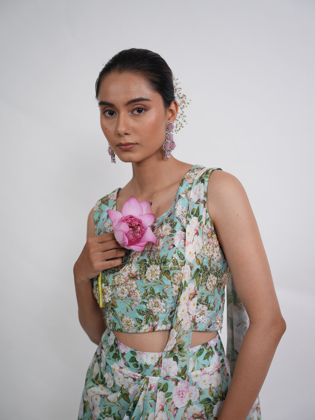 Sea Green Floral Printed Draped Saree Set
