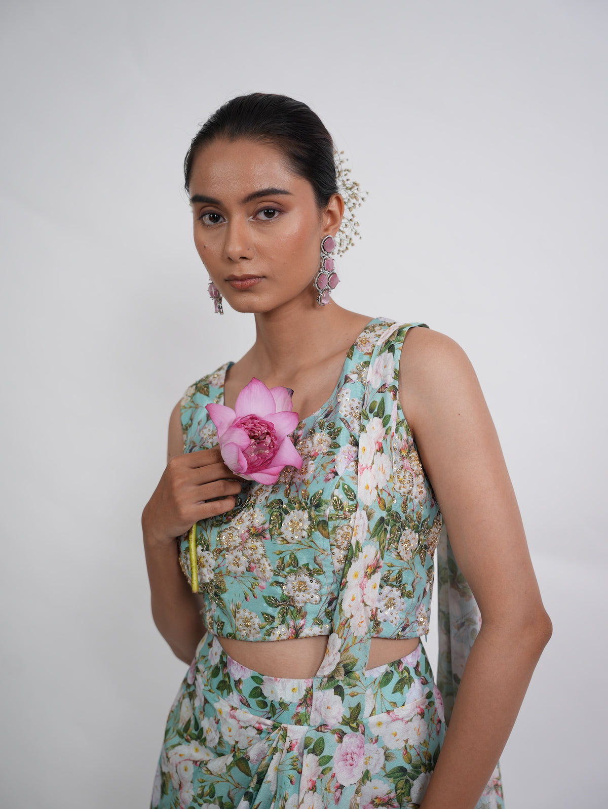 Sea Green Floral Printed Draped Saree Set