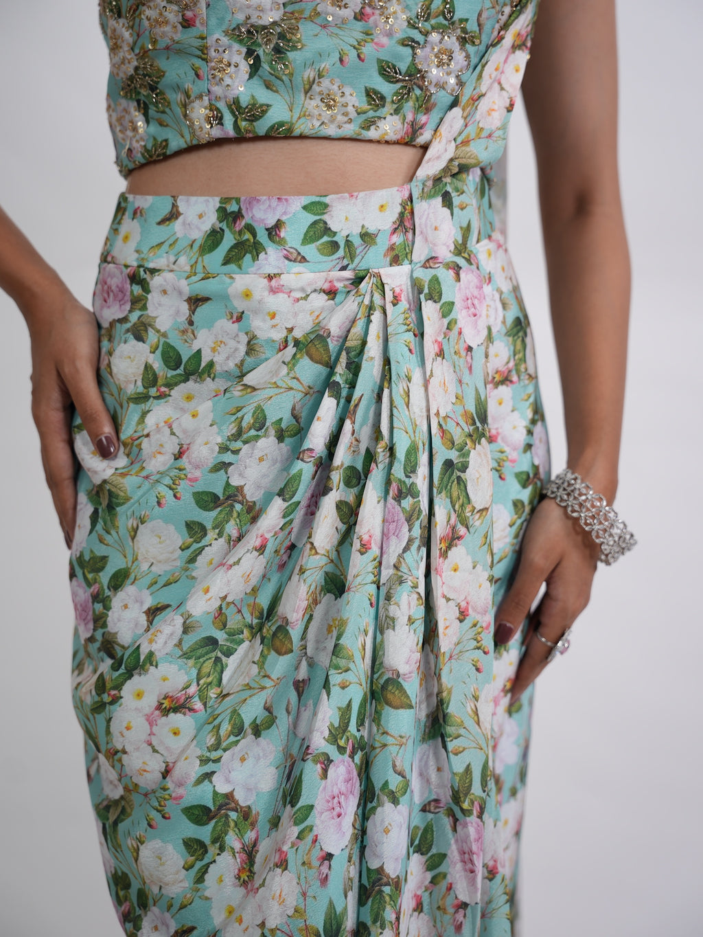 Sea Green Floral Printed Draped Saree Set