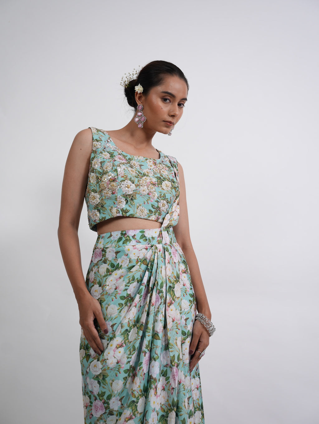 Sea Green Floral Printed Draped Saree Set
