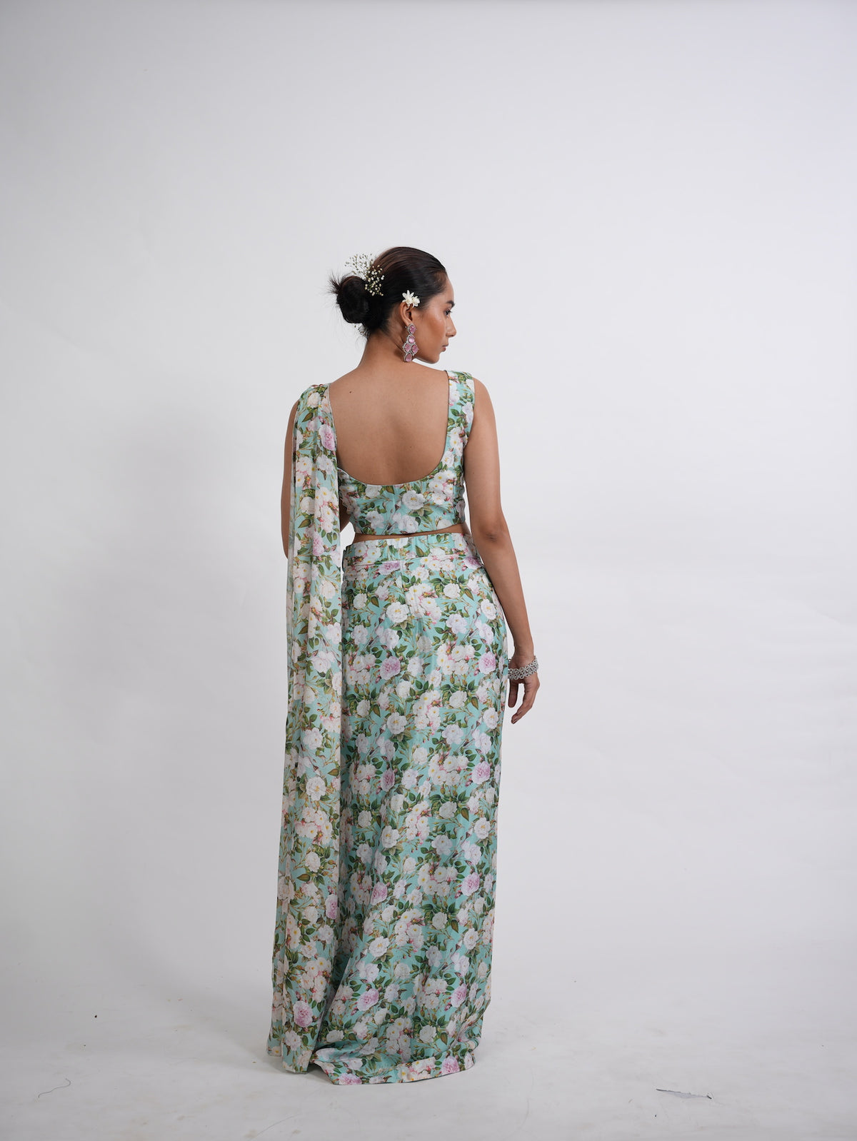 Sea Green Floral Printed Draped Saree Set