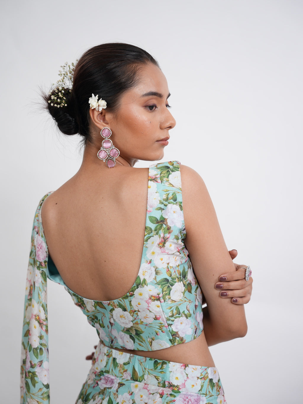 Sea Green Floral Printed Draped Saree Set