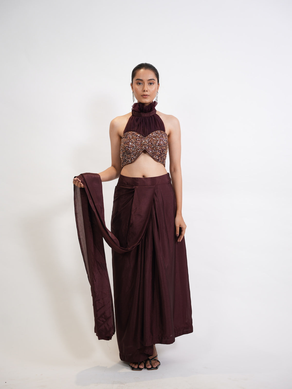 Wine Sequin Halter Neck Pre-Draped Saree Set