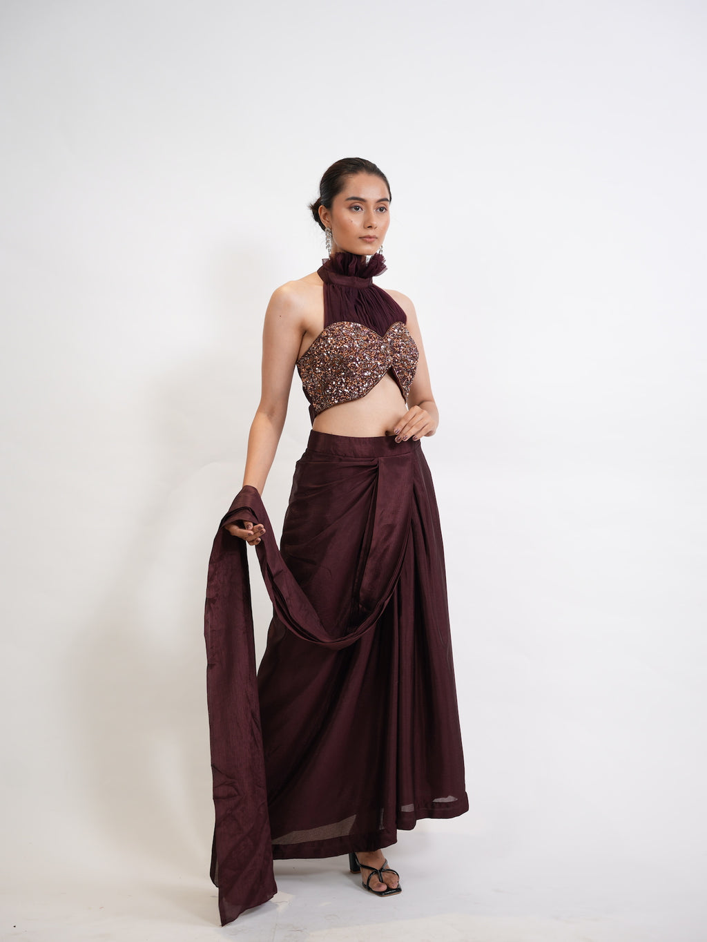 Wine Sequin Halter Neck Pre-Draped Saree Set